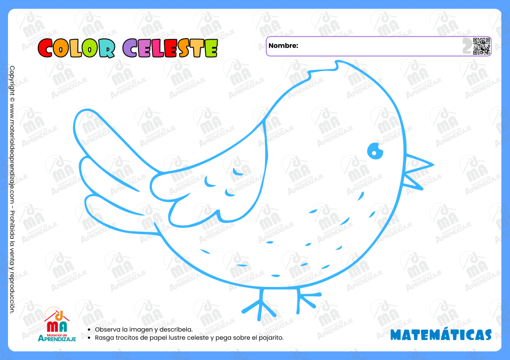 Ficha de actividad para aprender el color celeste con un pajarito para decorar con papel rasgado.