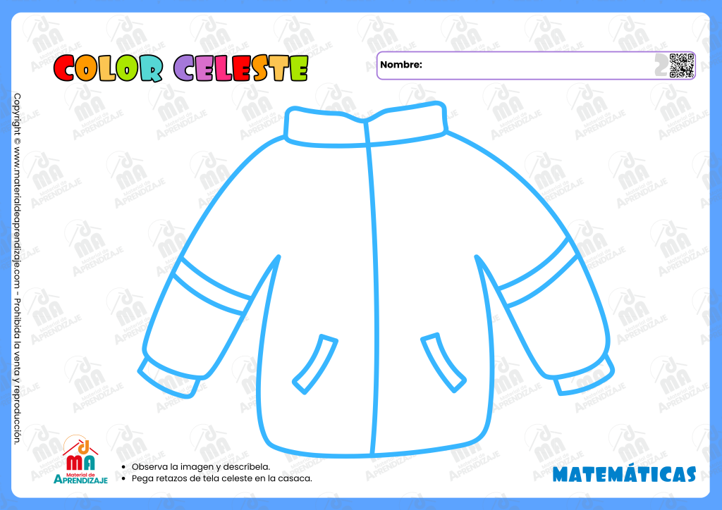 Ficha de actividad para aprender el color celeste con un pajarito para decorar con papel rasgado.