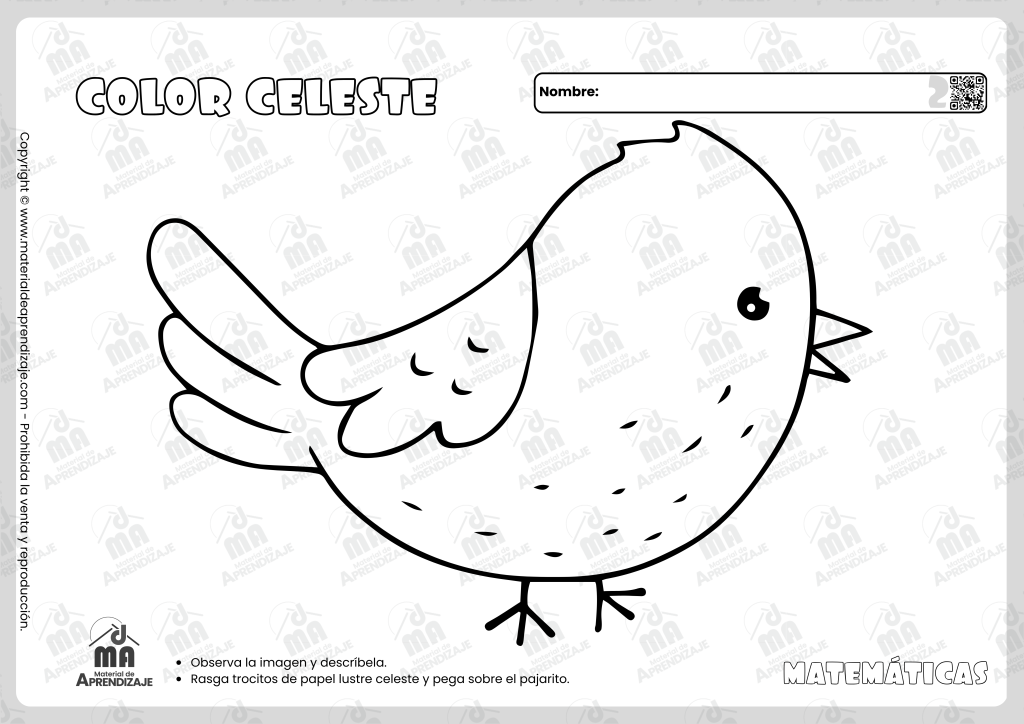 Ficha de actividad para aprender el color celeste con un pajarito para decorar con papel rasgado.