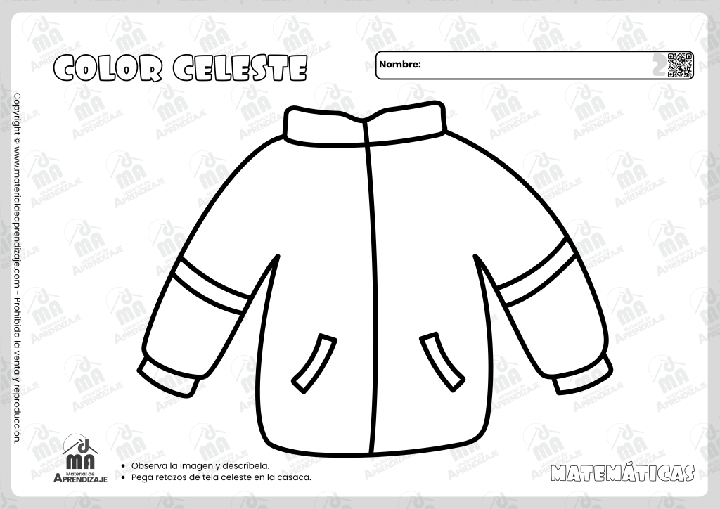 Ficha de actividad para aprender el color celeste con un pajarito para decorar con papel rasgado.