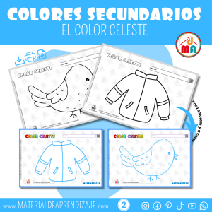 Ficha de actividad para aprender el color celeste con un pajarito para decorar con papel rasgado.