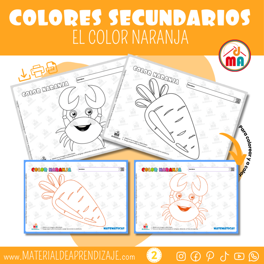 Fichas de actividades para aprender el color naranja con un cangrejo para pintar con esponja.