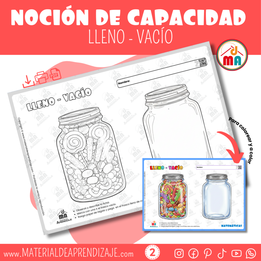 Fichas de Lleno y Vacío | Nociones de Capacidad para Niños de 2 Años
