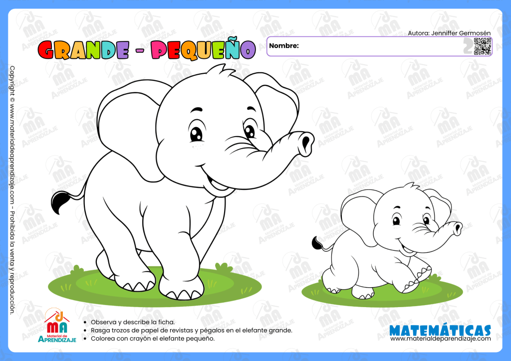 Ficha matemática grande y pequeño para niños de 2 años - Material de Aprendizaje.