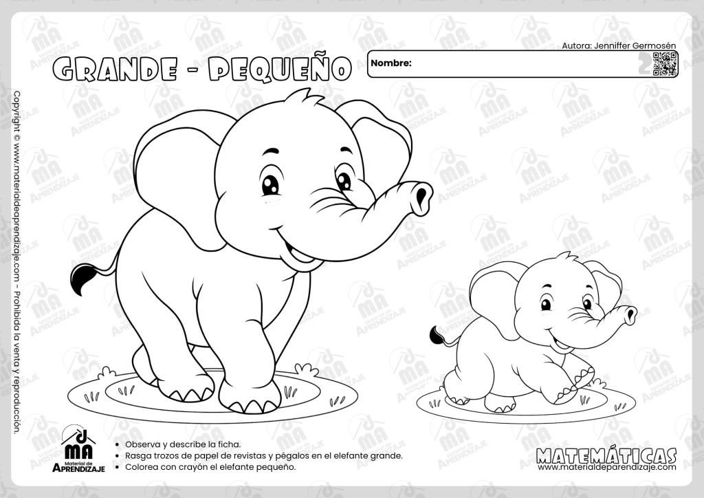 Ficha matemática grande y pequeño para niños de 2 años - Material de Aprendizaje.