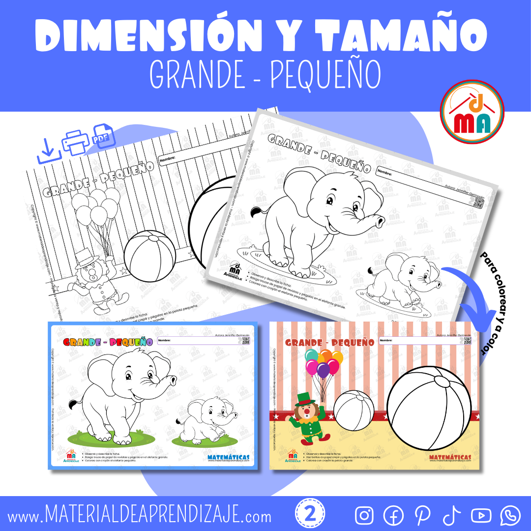 Ficha matemática grande y pequeño para niños de 2 años - Material de Aprendizaje.