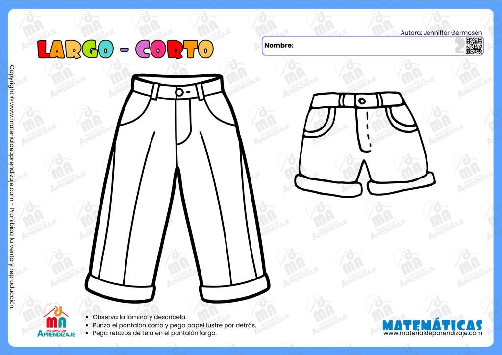 Ficha de largo y corto para matemáticas de 2 años - Material de Aprendizaje.
