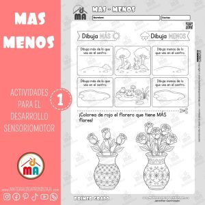 Ficha imprimible gratuita de más y menos para primer grado de primaria con actividades de dibujar comparar y colorear cantidades