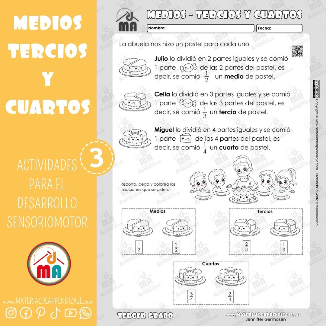 Ficha de Medios, Tercios y Cuartos para Tercer Grado de Primaria