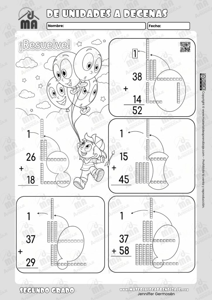 Ficha imprimible gratuita de unidades a decenas para segundo grado con ejercicios de suma con reagrupación y bloques de base diez
