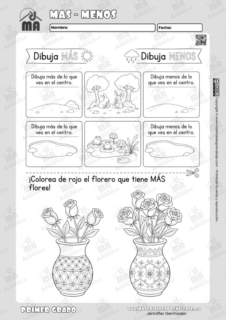 Ficha imprimible gratuita de más y menos para primer grado de primaria con actividades de dibujar comparar y colorear cantidades