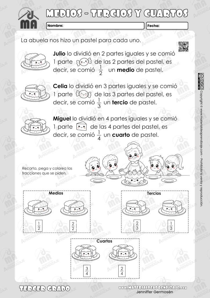 Ficha imprimible gratuita de medios tercios y cuartos para tercer grado de primaria con actividad de recortar pegar y colorear