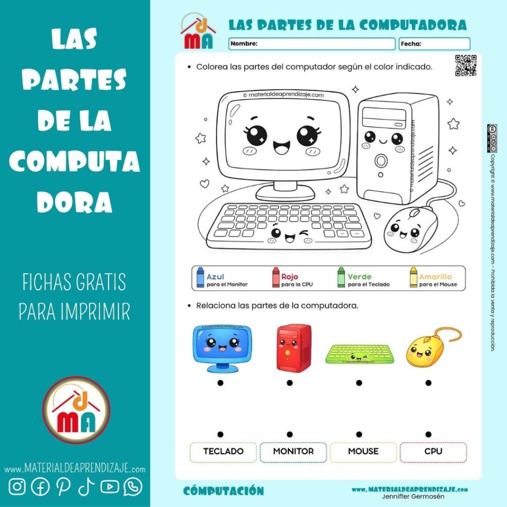 Ficha de las partes de la computadora para primer grado: monitor, cpu, mouse y teclado